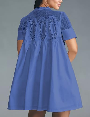 Image of Womens Summer Lace Mini Babydoll Dress Ruffled Collar Short Sleeve Loose Mesh Swing Elegant Flared Sundress