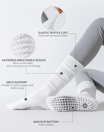 Image of Yawlsow Pilates Socks with Grips for Women Yoga Ruffle Grippy Non Slip Long Slouchy Scrunch Socks for Barre Workout Hospital