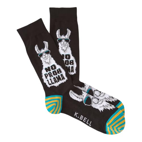 K. Bell Socks Men's Play on Words Novelty Crew Socks, No Prob Llama (black), Shoe Size: 6-12