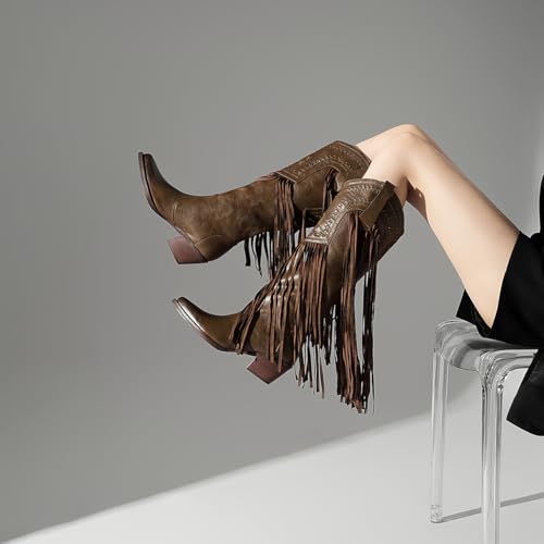 Tsrenlmln Western Bootsfor women Fashion Pointed ToeChunky Heel EmbroideredPull-On Knee High Fringe4
