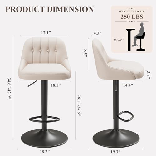 Image of MALOL Bar Stools Set of 1, Swivel Bar Chairs, Modern Adjustable PU Leather Upholstered Barstools Counter Height with Tufted Back for Bar, Kitchen Counter Island, Dining Room, Beige
