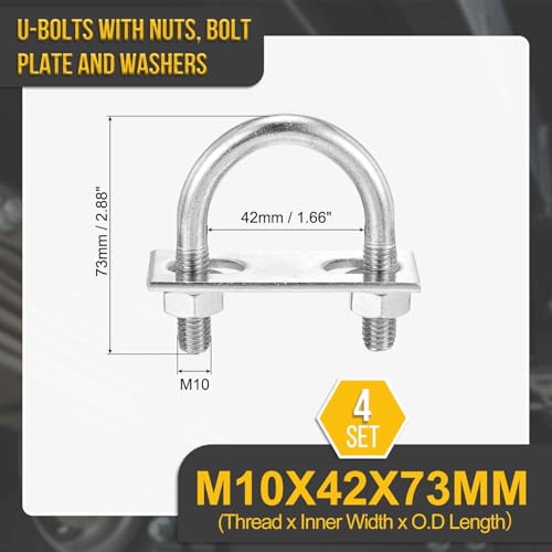 Image of DTGN M10x42x73mm U Bolts Round Kit - 4Set - 304 Stainless Steel U-Bolt Kit with Nuts, Washers, Frame Plate - Good for Pipe, Trailer, Automotive, Leaf Spring Fastener