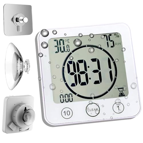 Timer Waterproof for Shower, Water Resistant Bathroom Wall Clock with Suction, Large Countdown Visual Timer for Kids, Digital Outdoor Hanging Clock with Temperature and Humidity Display (White)