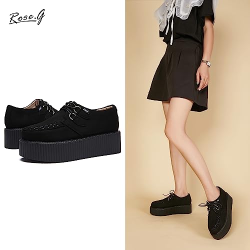 RoseG Women's Handmade Suede Lace Up Flat Platform Creepers Shoe3
