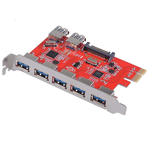 FIYAPOO 7 Ports PCIe to USB 3.0 Expansion Card - 5 USB 3.0 Ports and 2 Rear USB 3.0 Ports Express Card Desktop with 15 Pin SATA Power Connector for Windows 10/8.1/8/7/XP