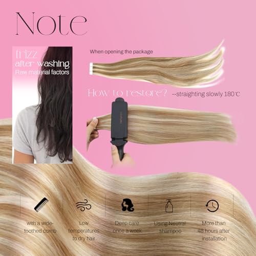 Image of Moresoo Human Hair Extensions Tape Brown Blonde Highlights 20in 20Pcs 50g | Seamless tape in hair extensions human hair, blonde dimension, flat tabs, added length for low ponytails and events