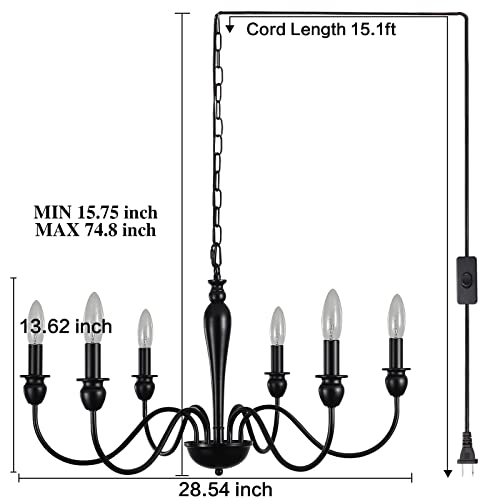 Image of ETONIMERR 6 Lights Black Plug in Chandelier Farmhouse Pendant Light Plug in
