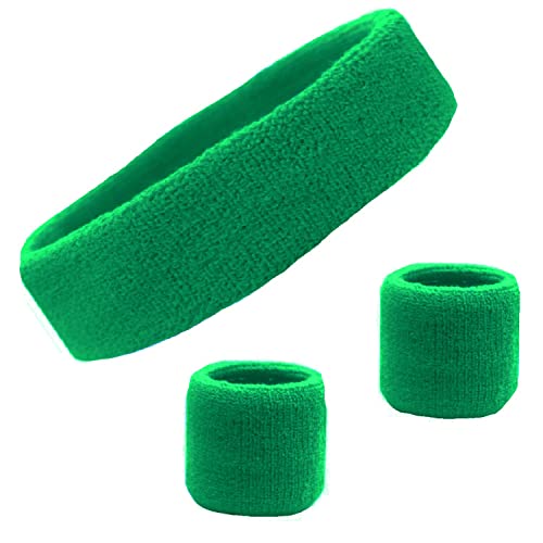 Sweatband Set Cotton Sports Headband Terry Cloth Wristband Moisture Wicking Sweat Absorbing Head Band Athletic Exercise Basketball Wrist Sweatbands and Headbands by Kenz Laurenz (Green)