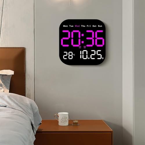 Image of 15-Inch Digital Wall Clock with Large LED Display - Remote Control, Auto-Dimming, Night Light, Date, Day, Temperature, DST Function - Ideal for Living Room, Bedroom (Square 9 inch Pink)