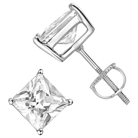 D Jewelry 925 Sterling Silver Princess Cut Square Cz Screw Back Stud Earrings Rhodium Plated - 8x8 Cover