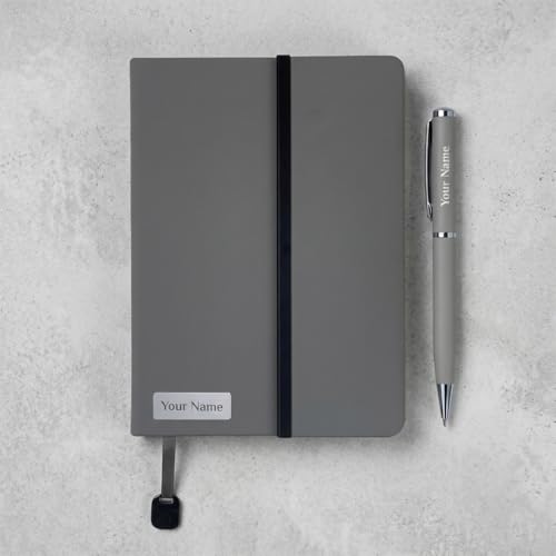 Image of Giftana Personalized Notebook Diary with Pen Gift Set for Men and Women, 2 in 1 Customized Office Diaries A5 Size Notebook, Diwali Gifts, Personalised New Year Corporate Gifts for Employees (Grey)
