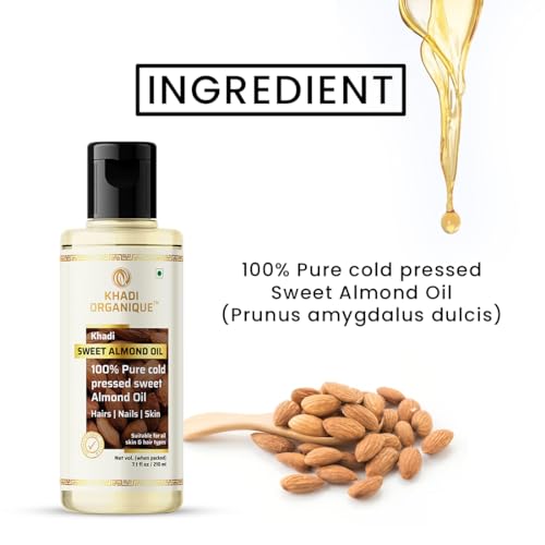 Image of Khadi Organique 100% Pure Cold Pressed Sweet Almond Oil for Hair, Skin & Nails | Rich in Vitamins A & E | Deeply Moisturizes, Repairs & Strengthens | Ideal for Massage & Daily Nourishment - 210 ml