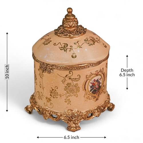 Image of DECOR BAE Flower Printed Luxurious Jewellery Jar, Resin Handcrafted Antique Premium Jewelry Storage Box for All Jewelry Necklaces Earring Ring Chain Bangle (Beige, 6.5X10 Inch)