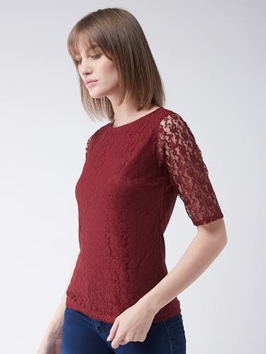Image of Miss Chase Women's Round Neck Half Sleeves Cotton Lace and Pearl Detailing