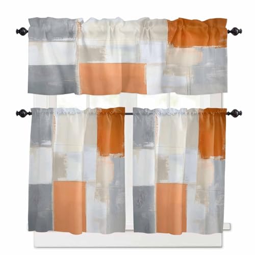 Modern Orange Beige Kitchen Curtains 36 Inch Length,3 Piece Rod Pocket Small Half Tiers and Valance Set,Abstract Oil Painting Grey Color Blocks Small Large Window Treatment Decor for Bedroom/Bathroom