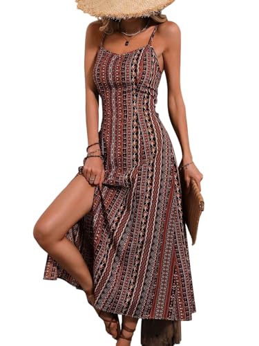 SweatyRocks Damen Sommerkleid Spaghettiträger Kleid Langer Trägerkleid Ärmellos Urlaubkleid Casual Boho-Kleid Strandkleid mit Schlitz Orange XL