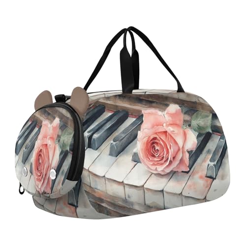 Piano Rose Beige Kids Travel Duffel Bag for Boys Girls Overnight Weekend Tote Bag with Shoes Compartment for Trip Beach Gym