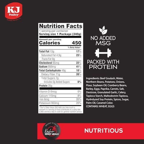 Image of KJ Poultry Kosher Ready Meals - Beef Chulent & Kugel, MRE Meat Meals Ready to Eat, Shabbos Food (12 Pack) Prepared Entree Fully Cooked, Shelf Stable Microwave Dinner Travel, Military, Camping Survival
