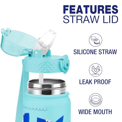 GOPPUS 550ml/18oz Kids Insulated Water Bottle with Straw Cute Double Wall Stainless Steel Child's Small Flask Vacuum Insulated Steel Metal Leak Proof Drink Flask Boys Toddler Girls Bottles BPA-Free - Image 2