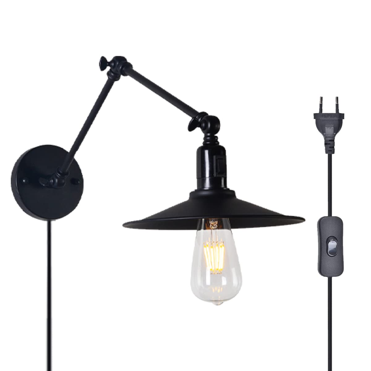 WXKAGF Lampade da Parete Plug-in Nere per Camera da Letto, Paralumi Industriali Loft con Interruttore e Braccio Oscillante Regolabile a 240°, Applique da Parete in Metallo Rustico retrò E27 per