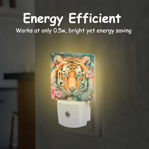 Image of Watercolor Tiger Surrounded by Flowers Night Light Plug Wall,LED Night Lights with Dusk to Dawn Light Sensor for Women Girls Boys Room Decor,Hallway,Kitchen,Bathroom,Nursery,Stairs