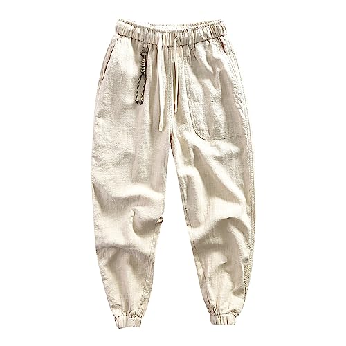 Voylansi Pantalones de lino de ajuste holgado para hombre y hombre, pantalones casuales de playa, pantalones de lino con cordón ajustable, pantalones de cintura elástica, cómodos, pantalones de tela