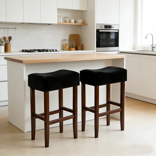Image of Velvet Rectangle Bar Stool Covers Set of 2 Black Stretch Rectangular Saddle Bar Stool Slipcovers 17-20 Inch Counter Height Chair Slipcovers for Kitchen Island & Vanity (Velvet Black)