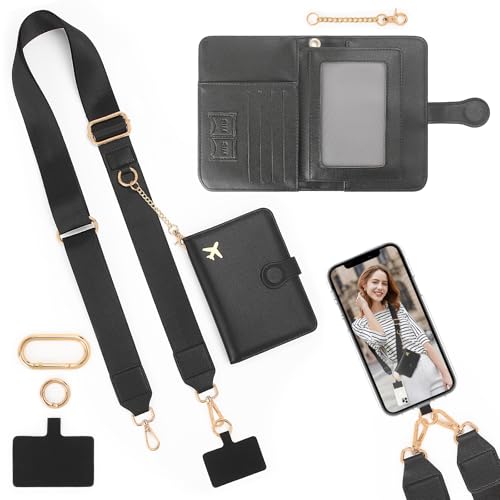 Passport Holder for Travel Passport Wallet Cover Case with Phone Lanyard, Clip and Go Strap for Phone with Wallet Crossbody,Travel Wallet Women Wristlet Strap, Black