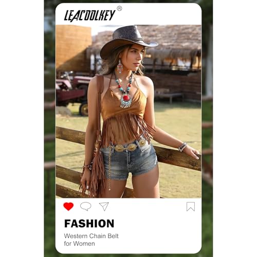 Image of LEACOOLKEY Women Turquoise Concho Chain Waist Belt Silver Western Cowgirl Metal Chain Belt for Dress Adjustable
