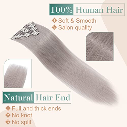 Image of Benehair 8pcs 14inch Clip in Hair Extensions Real Human Hair Clip on Double Weft Remy Soft Silky Straight Natural Highlighted Grey