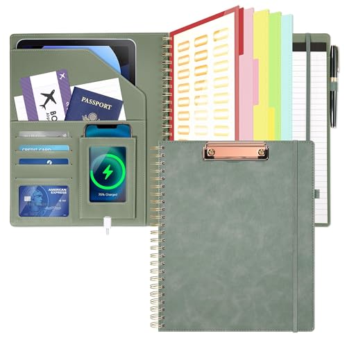 Image of Clipboard with Storage for Men Women, Leather Padfolio Portfolio Organizer 5 Folders with 10 Pockets, Spiral Clipboard Folio with Notepad for Letter Size, Elastic Closure and Pen Loop Sage Green