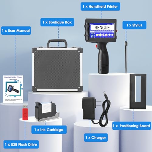 Rengue Handheld Inkjet Printer Gun, Portable Handheld Printer Quick-Drying Inkjet Coding Machine, 4.3" Mobile Touch Screen Inkjet Label Printer for QRCode, Barcode, Batch Number, Date (28 Languages)