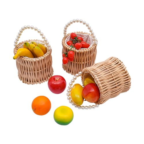 8Pcs Wicker Wedding Flower Girl Baskets, Wicker Rattan Flower Basket with Pearl Handle, Portable Picnic Basket, 5.9 x 6.5 Inch Handcraft Flower Girl Baskets for Weddings Banquet Party