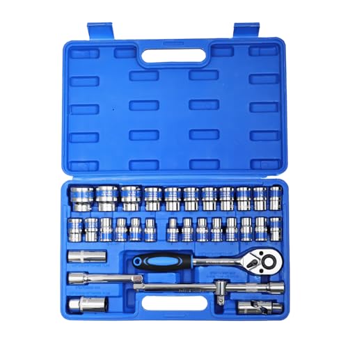 Image of AEGON SPEAR SA-32 32Pcs 1 /2 inch Drive Socket Wrench Set | 6 & 12 Point Chrome Vanadium Ratchet Tool Kit | with Extension Bars, Universal Joint, Spark Plug Sockets | for Car, Bike, DIY & Auto Repair Work