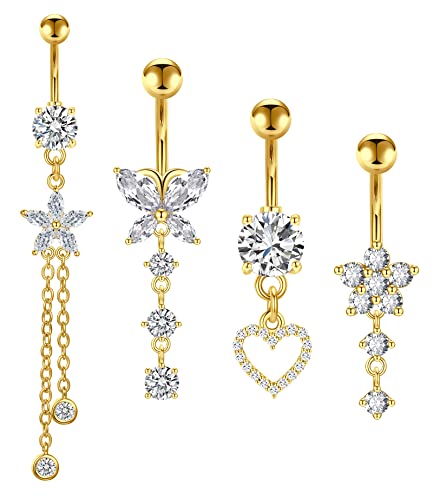 Incaton 14G Belly Button Rings Butterfly Heart Diamond, Stainless Steel Dangle Belly Rings For Women, 6mm Short Bar/ 10mm Hypoallergenic Navel Piercings