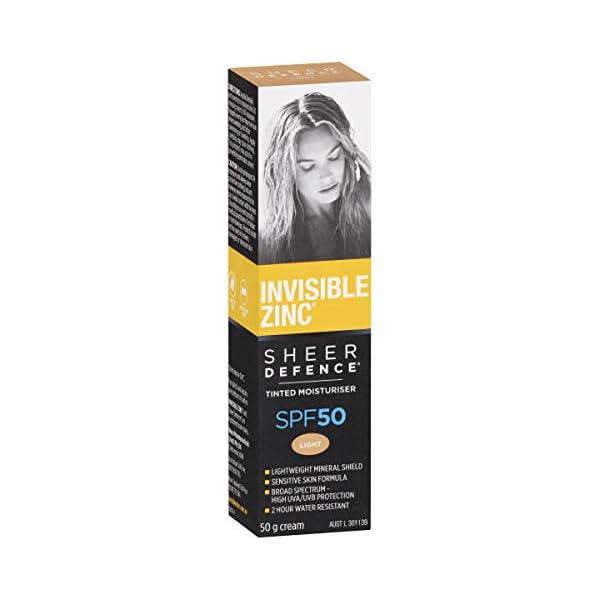 Invisible Zinc Sheer Defence Tinted Light - Daily Facial Moisturizer With Sun Protection SPF 50 To Prevent The Appearance Of Premature Aging Caused by Harmful UV Rays - 50g