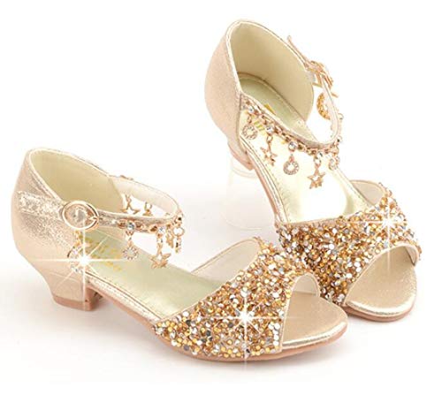 GOJERP Little Kids Girls Sandals Glitter Rhinestone Dress Pumps Sequins Princess Low Heels Party Dance Shoes (Golden, numeric_13)4