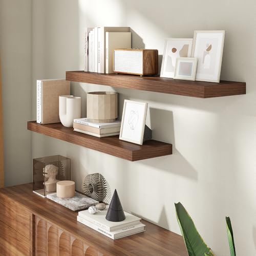 Image of 40 Inch Floating Shelves for Wall, 8 Inch Deep Floating Shelf for Storage & Display, Rustic Wall Mounted Shelf with Invisible Brackets for Living Room, Kitchen, Bathroom, Home Decor, Set of 2, Walnut