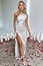 Memoriesea Women's Sexy One Shoulder Satin High Split Cocktail Wedding Party Maxi Dress Silvery