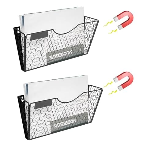 Nisorpa 2 Packs Magnetic File Holder 1-Tier File Folder Organizer Magnetic Paper Holder Office Hanging Magazine Rack Black Mesh Wall File Holder Cover