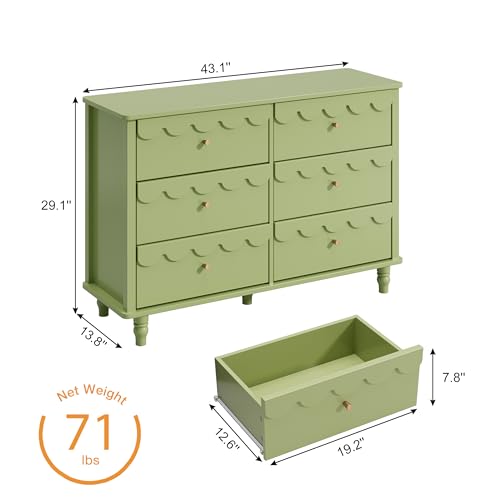 Image of Anbuy Nursery Chests and Dresser for Kids Bedroom Scalloped Wood 6 Drawer Dresser, Chests of Drawers with Metal Handles for Bedroom, Nursery, Hallway(Green)