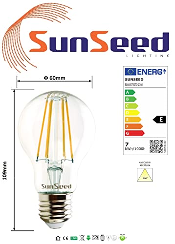SUNSEED 10 X E27 7W (Equivalent to 60W) Filament LED GLS Light Bulb A60 Warm White 2700K, Pack of 10 - Warm White 2700k - Image 4