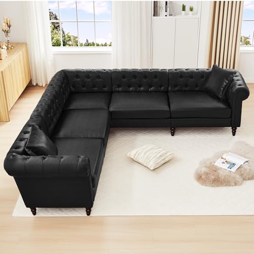 Image of LEVNARY 98 inch x 98 inch L-Shaped Chesterfield Sectional Couch, 5-Seat PU Leather Couch with Rolled Arms, Mid-Century Modern Tufted Corner Sofa for Living Room Bedroom Office (Black)