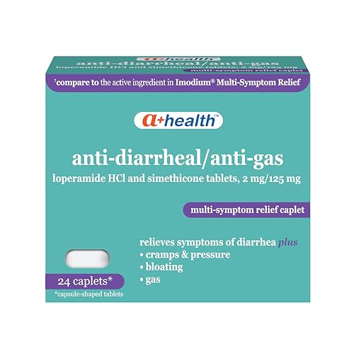 A+Health Anti-Diarrheal Anti-Gas Loperamide Hydrochloride 2mg and Simethicone 125mg Caplets Multiple Symptom Relief Relieves Symptoms of Diarrhea Plus Cramps Pressure Bloating 24 Count