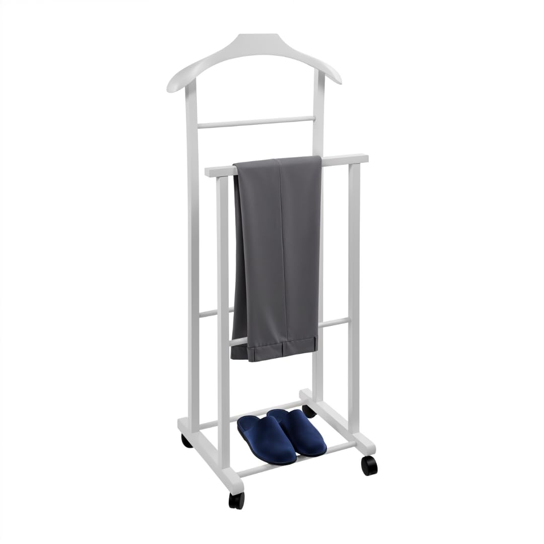 Mottiwood White Dresser Bedroom Hanger, Beech Wood, Double Mute Servo With 4 Wheels, Made In Italy