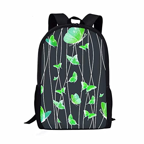 AmzPrint Fashion Green Butterfly Backpack For Teen Girls 10-12 Cartoon Print 17 Inch Kids Book Bag With Side-Pocket