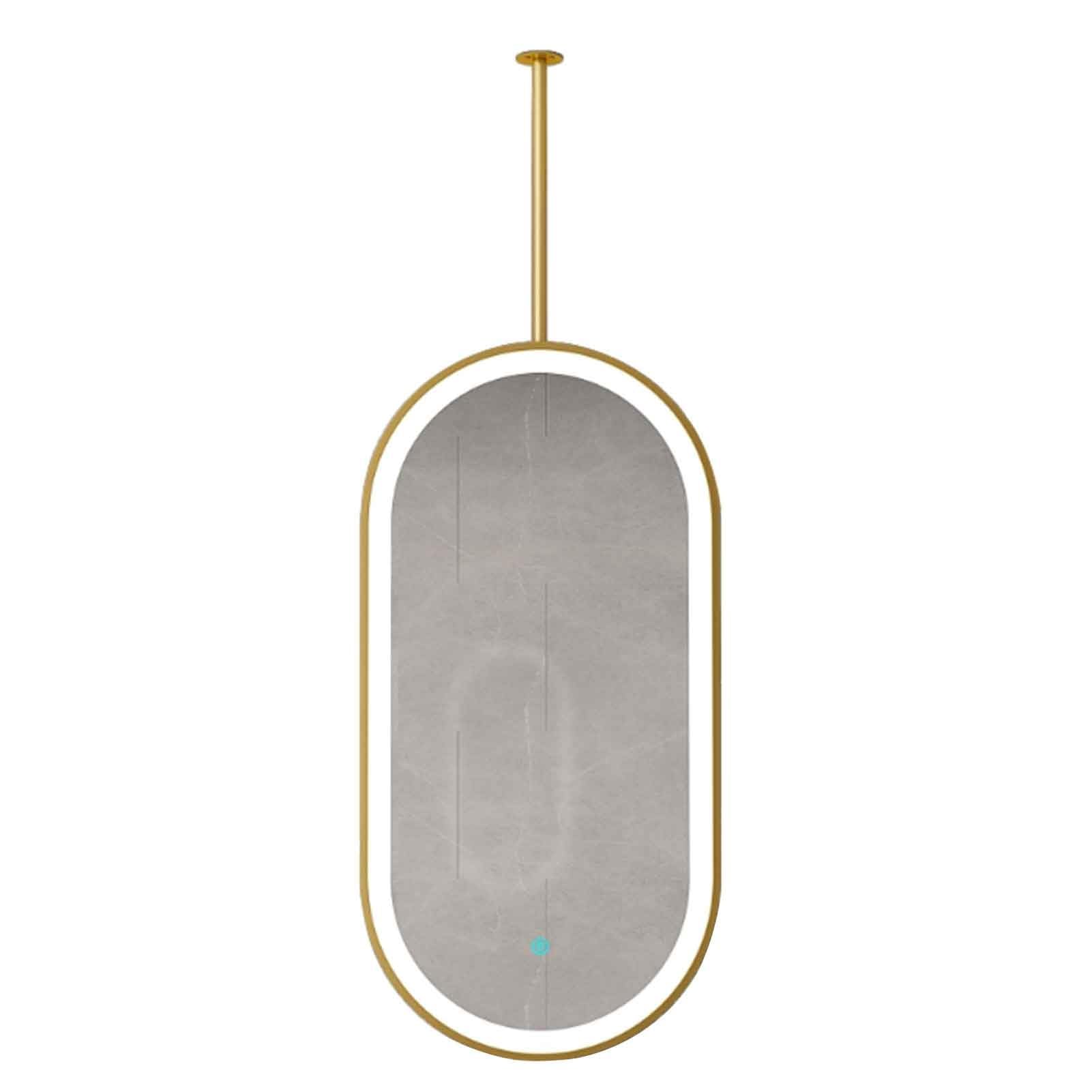 MESOVFCA Gold Oval Ceiling Mirror with Light, Hanging Decor Mirror, LED Lighted Bathroom Mirror (3 Color Lighting) - Customisable Ceiling Rod(40cmx70cm)