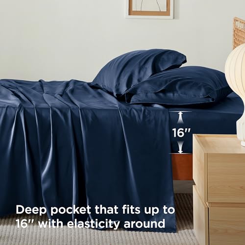 Image of Bedsure Cooling Sheets Twin, Rayon Derived from Bamboo, PureWoven, Breathable & Soft Twin Sheets Set, Deep Pocket Up to 16 Inches, Hotel Luxury Silky Bedding for Hot Sleepers, Navy