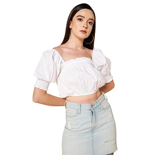 Image of HIGH Star Women's Square Neck Puff Sleeve Pure Cotton Slim Fit Blouson Top