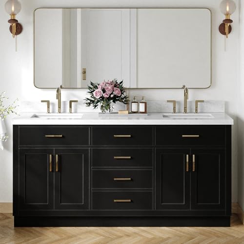 ARIEL Hepburn 73 in. Double Rectangle Sink Vanity with 1.5 in. Carrara White Marble Countertop in Black